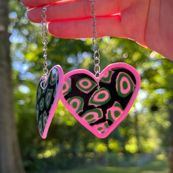 Handmade Psychedelic Polymer Clay Heart Statement Earrings - Picture 15 of 17